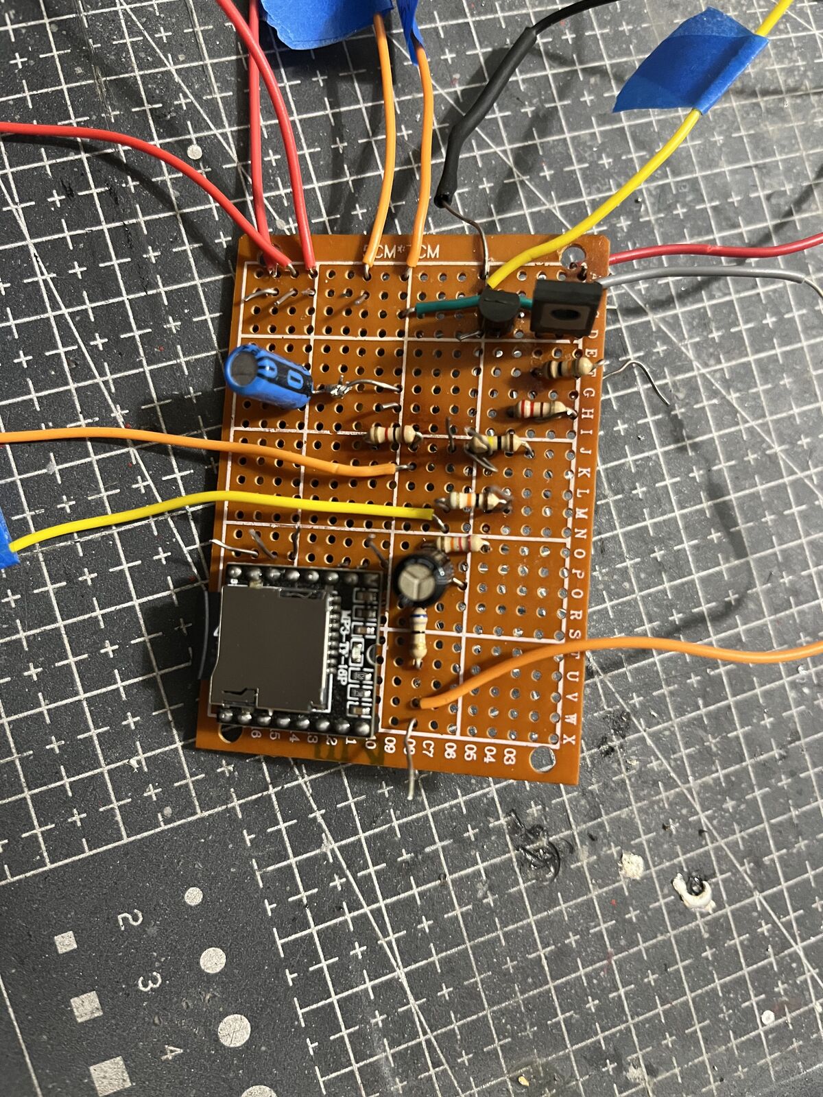 The soldered board, front side, with the MP3 module and components