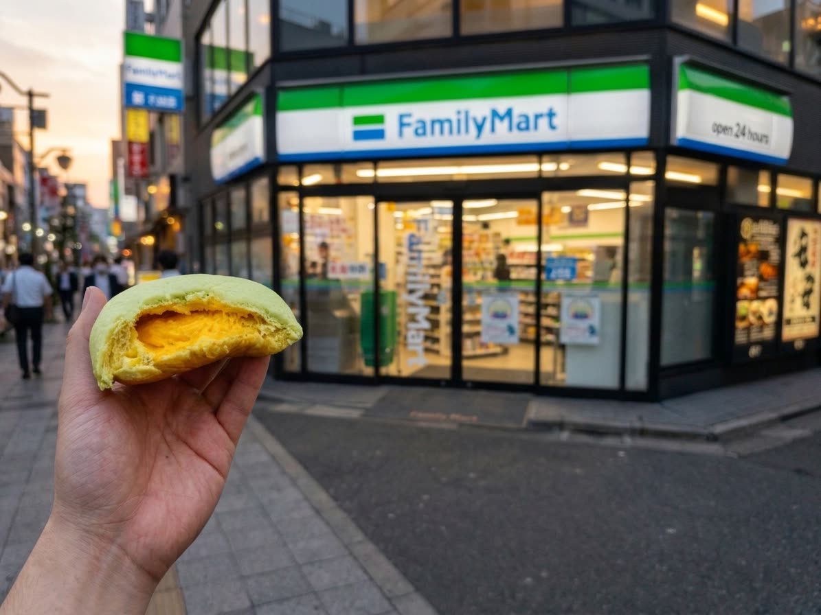 A FamilyMart melon pan held up in front of a FamilyMart store