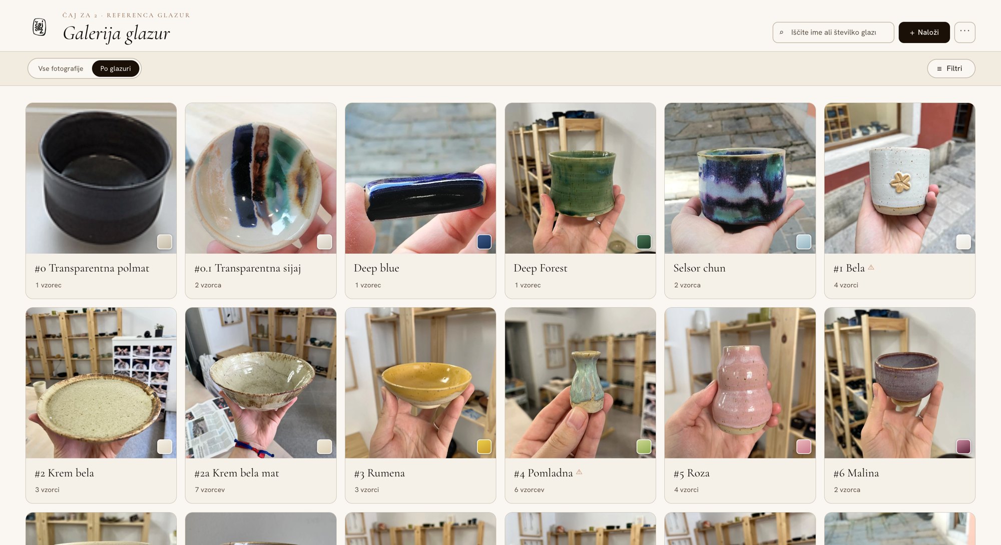 Glaze Gallery, with glazes grouped by name and a photo of a finished piece for each